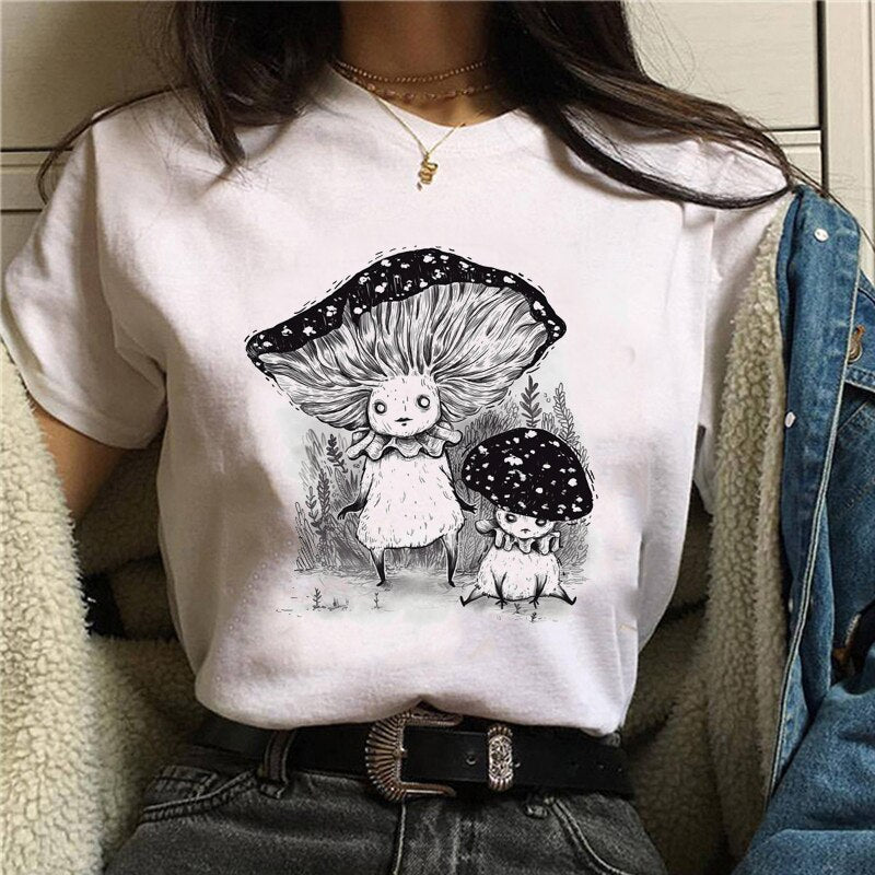 Cute Cartoon Cat Mushroom Print T Shirt