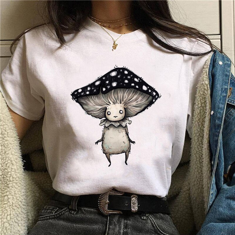 Cute Cartoon Cat Mushroom Print T Shirt