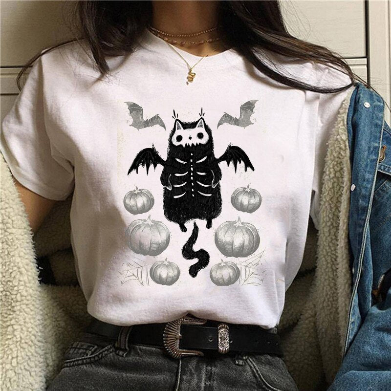 Cute Cartoon Cat Mushroom Print T Shirt
