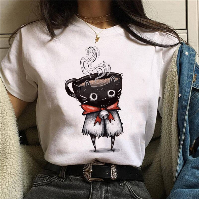 Cute Cartoon Cat Mushroom Print T Shirt