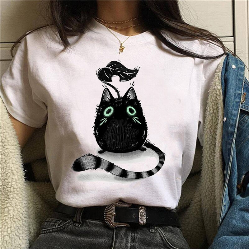 Cute Cartoon Cat Mushroom Print T Shirt