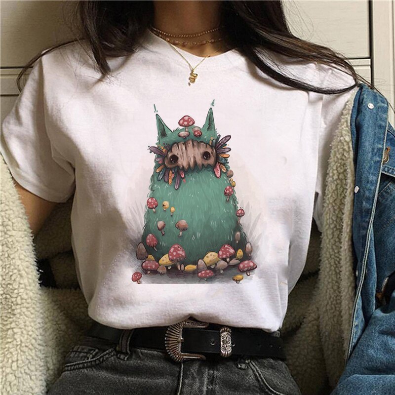 Cute Cartoon Cat Mushroom Print T Shirt