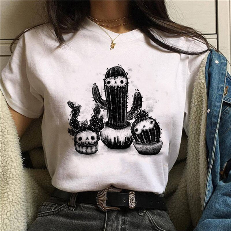 Cute Cartoon Cat Mushroom Print T Shirt