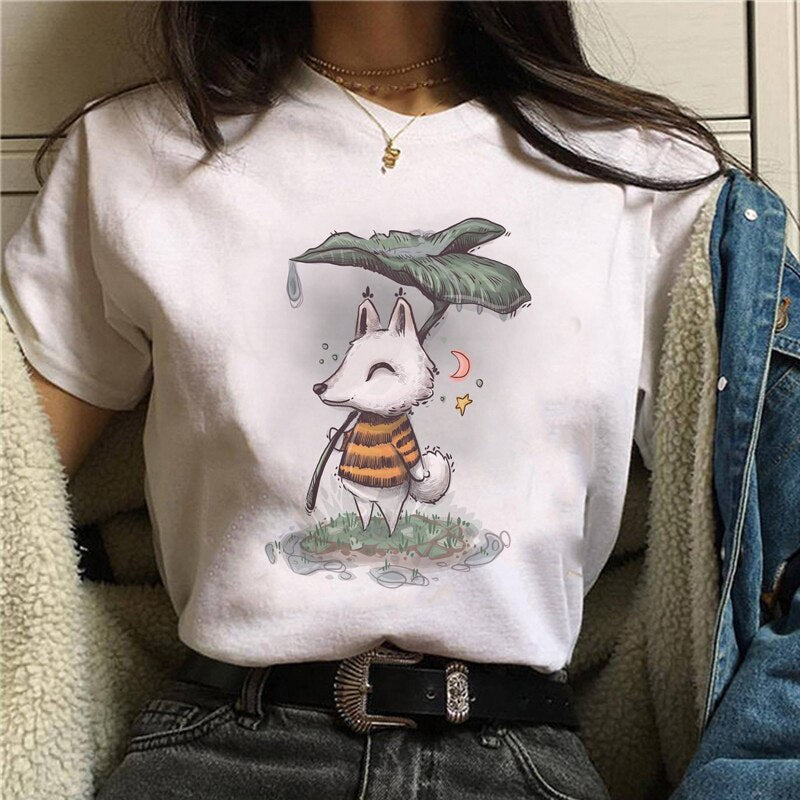 Cute Cartoon Cat Mushroom Print T Shirt