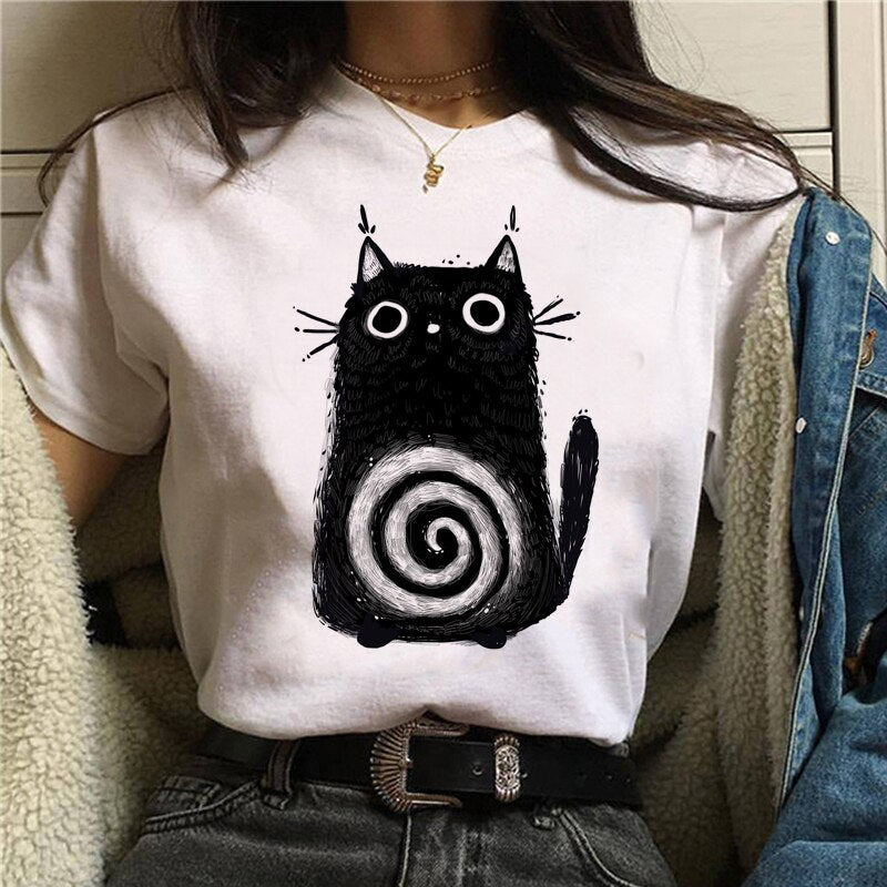 Cute Cartoon Cat Mushroom Print T Shirt