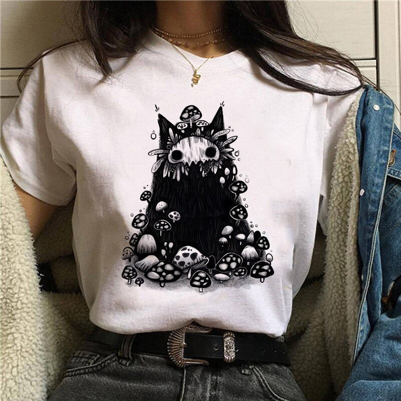 Cute Cartoon Cat Mushroom Print T Shirt