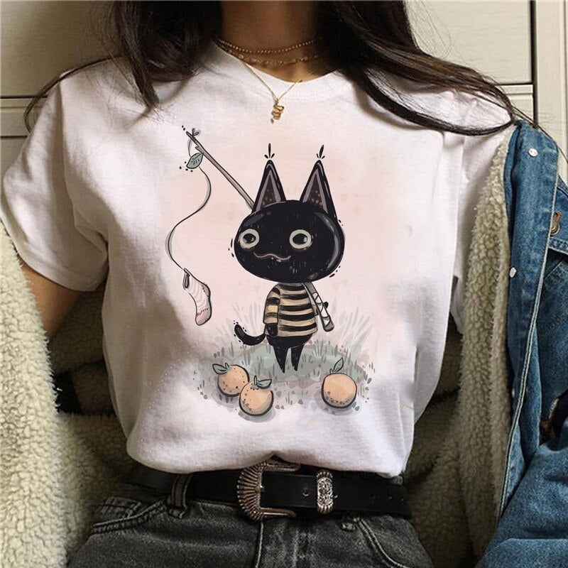Cute Cartoon Cat Mushroom Print T Shirt