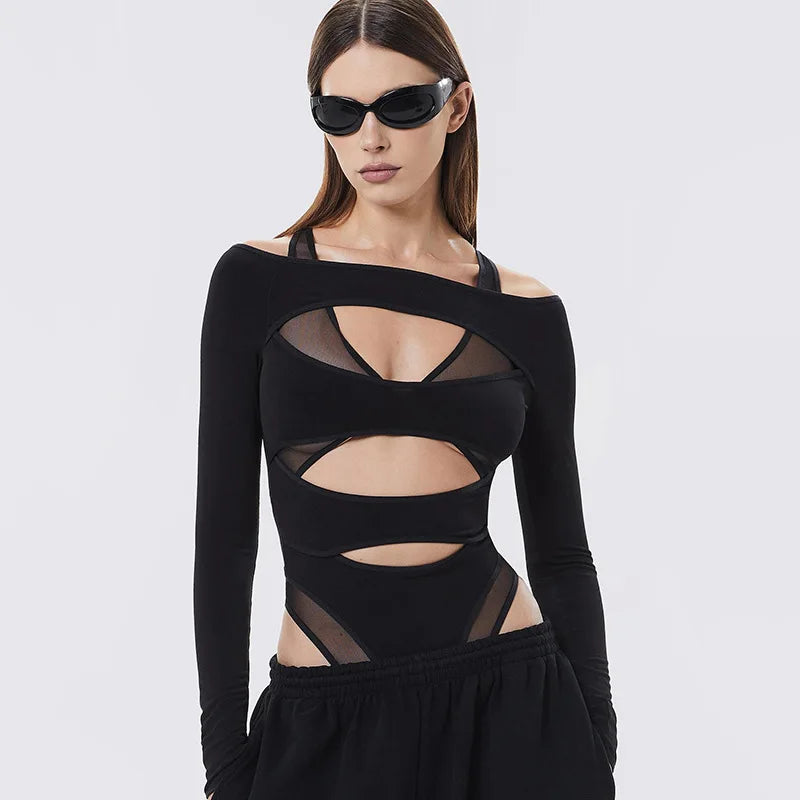 Cyber Punk Hollow Out Mall Gothic Bodycon Mesh Sheer Patchwork Crop Top