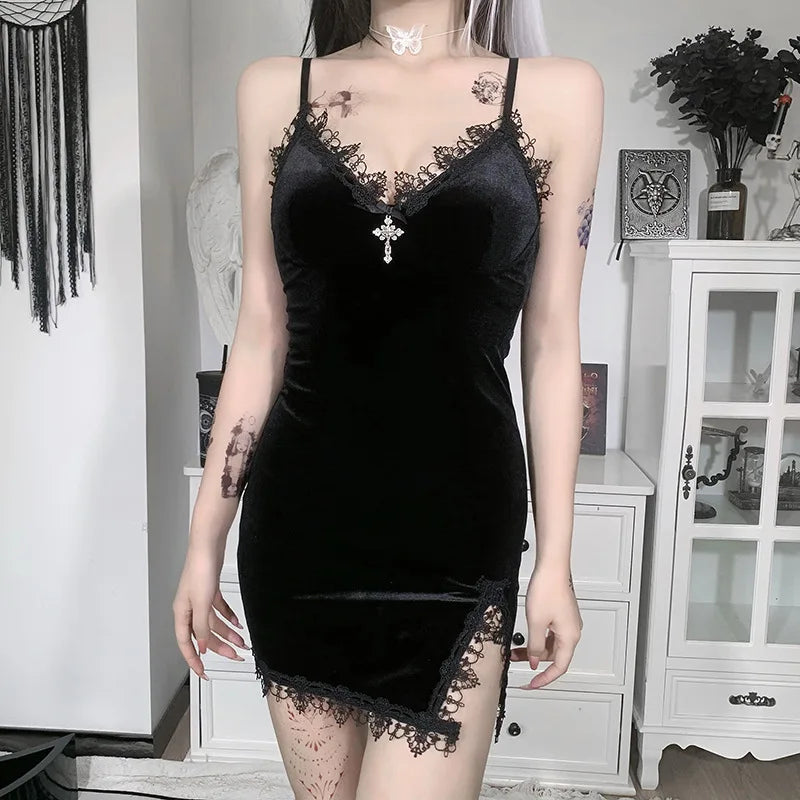 Dark Cross Black Vintage Spaghetti Strap High Waist Slit Party Club Dress