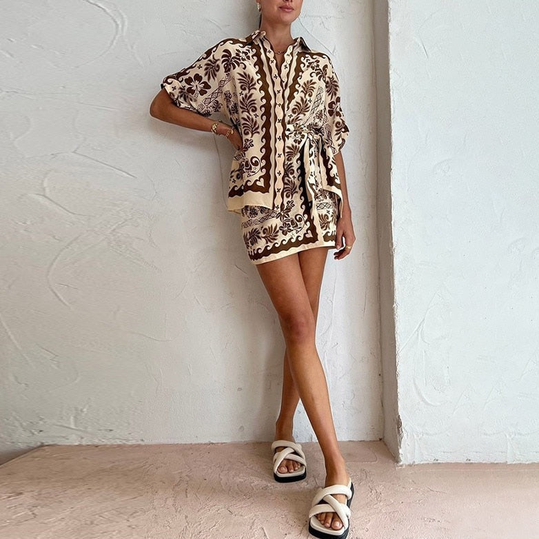 Devia Fern Prints Shirts and Mini Skirt 2-Piece Set