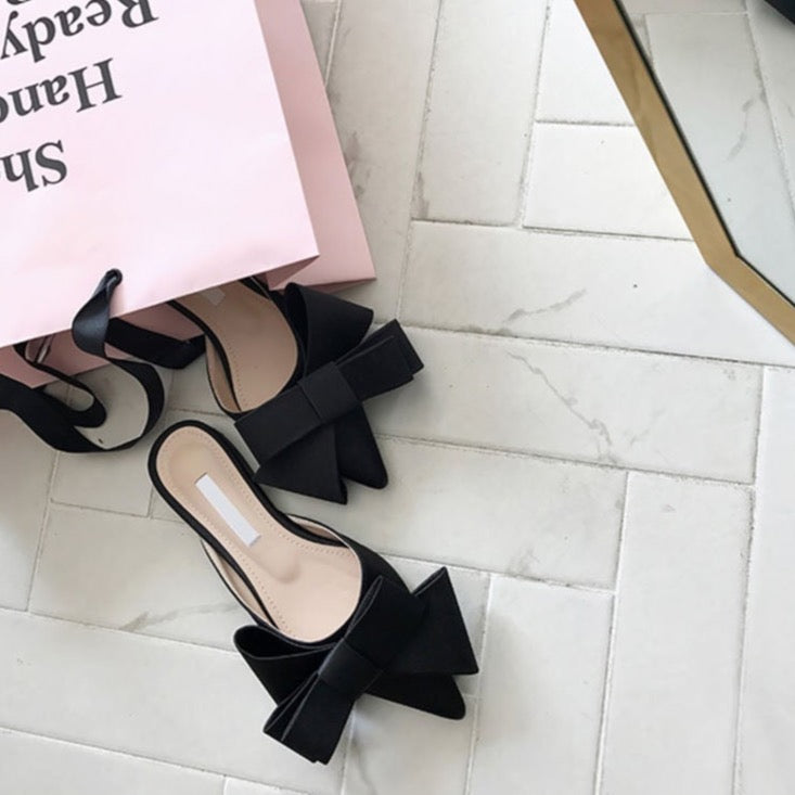 Dianna Silk Satin Pointed Big Bow Tie Slippers - 5 Colors