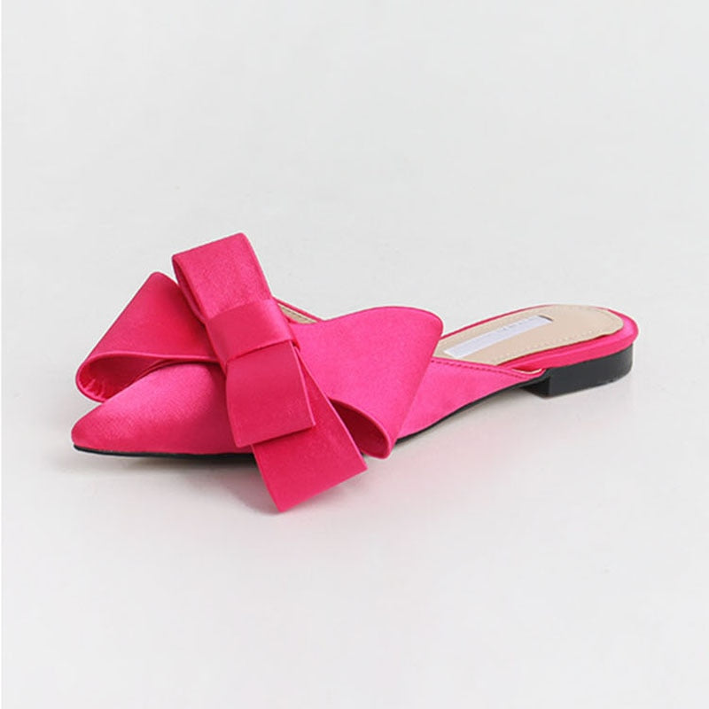 Dianna Silk Satin Pointed Big Bow Tie Slippers - 5 Colors
