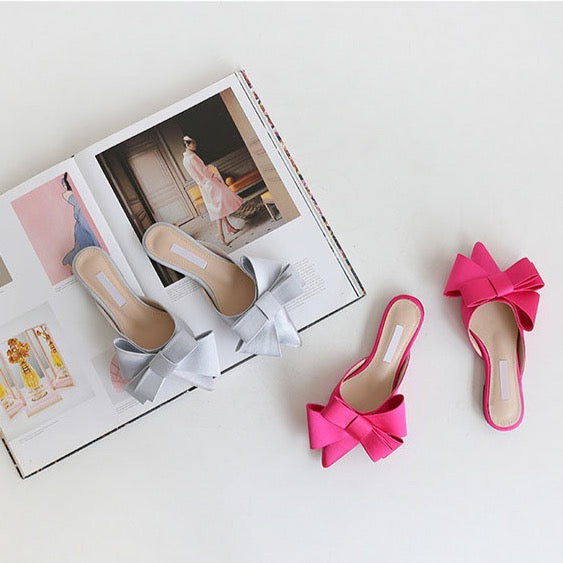 Dianna Silk Satin Pointed Big Bow Tie Slippers - 5 Colors