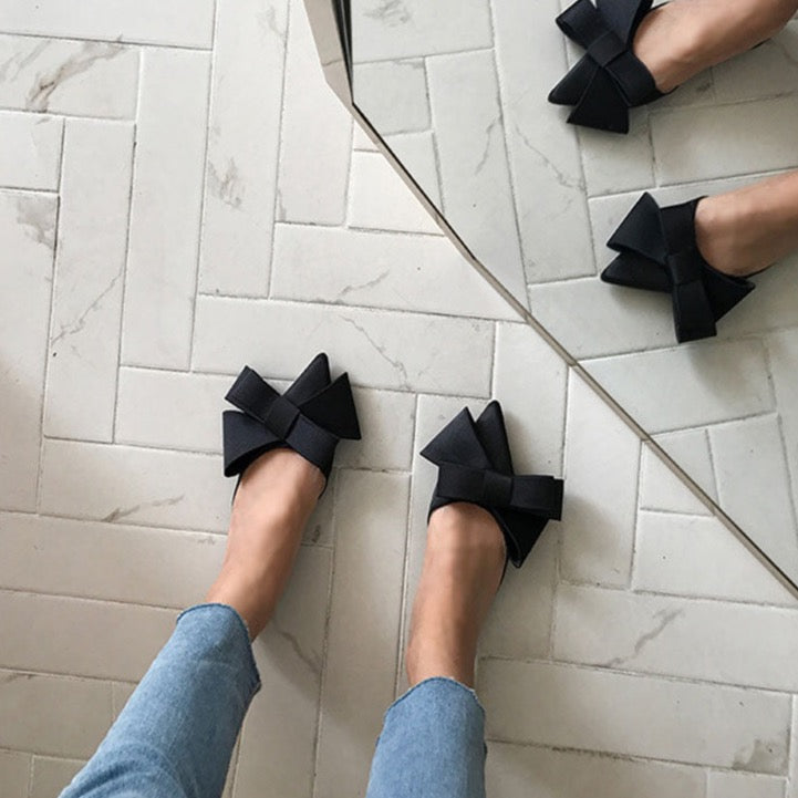 Dianna Silk Satin Pointed Big Bow Tie Slippers - 5 Colors