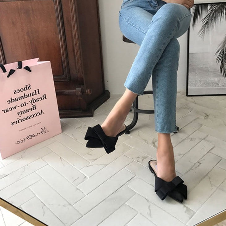 Dianna Silk Satin Pointed Big Bow Tie Slippers - 5 Colors