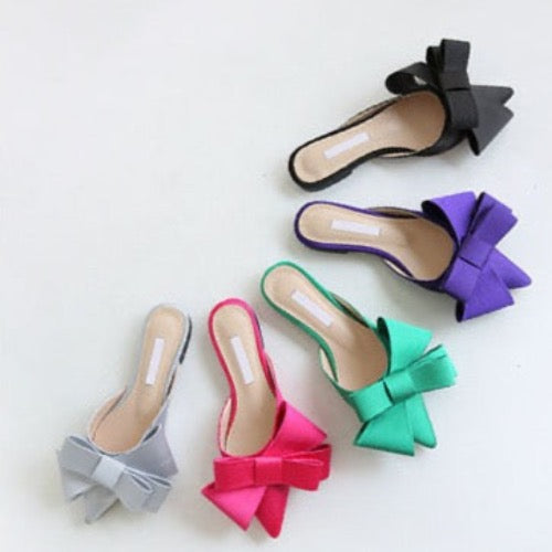 Dianna Silk Satin Pointed Big Bow Tie Slippers - 5 Colors