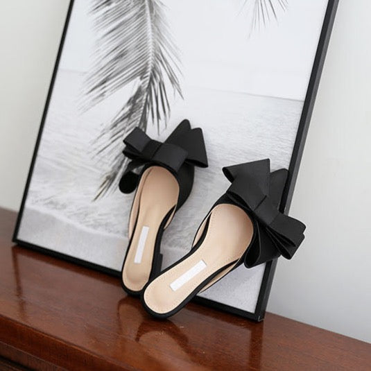 Dianna Silk Satin Pointed Big Bow Tie Slippers - 5 Colors