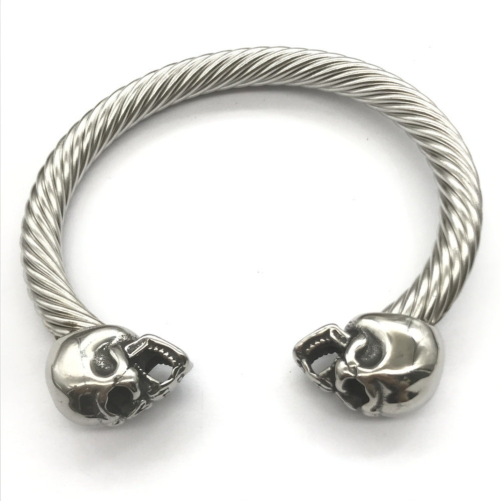 Double Skull Steel Wire Rope Cuff Bracelet