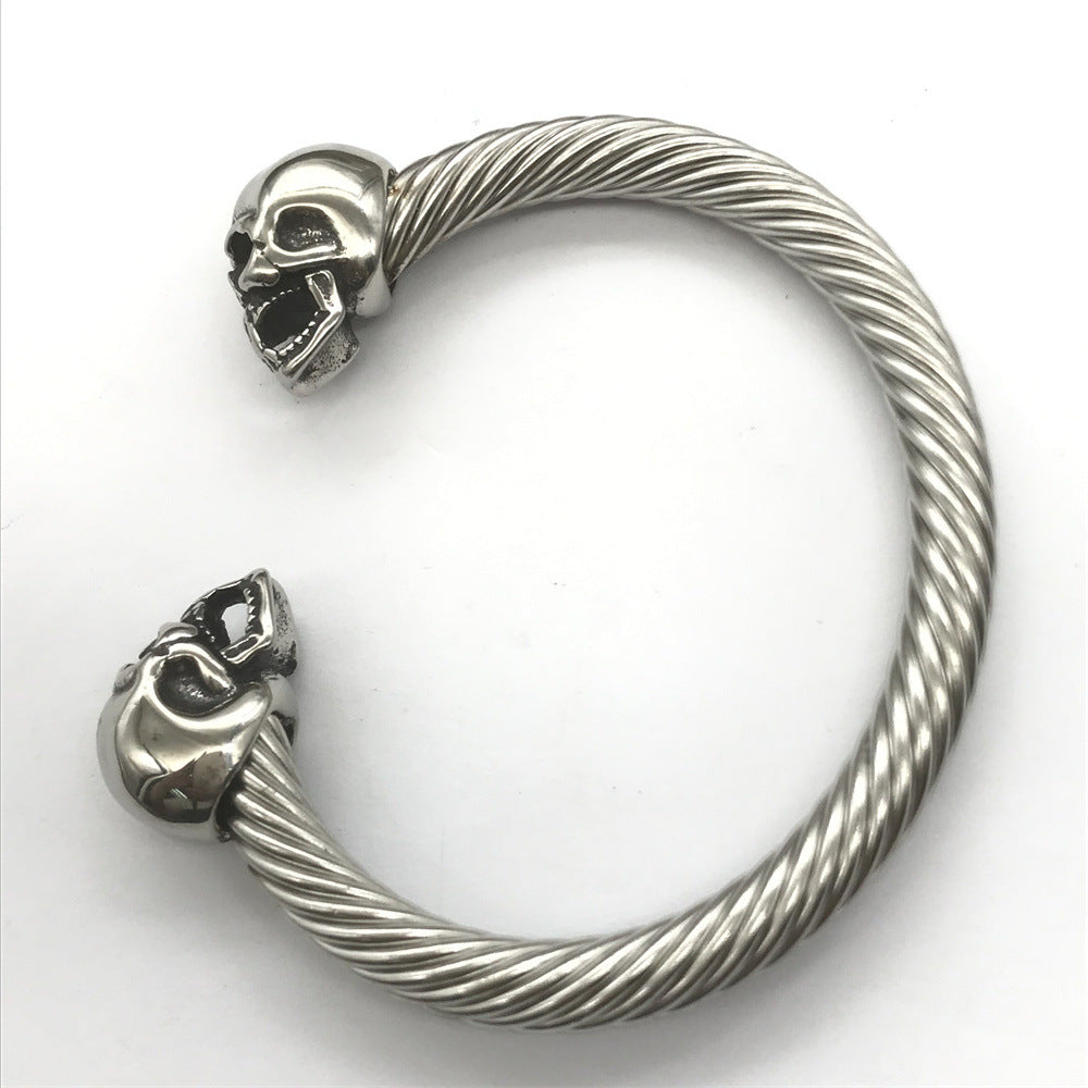 Double Skull Steel Wire Rope Cuff Bracelet