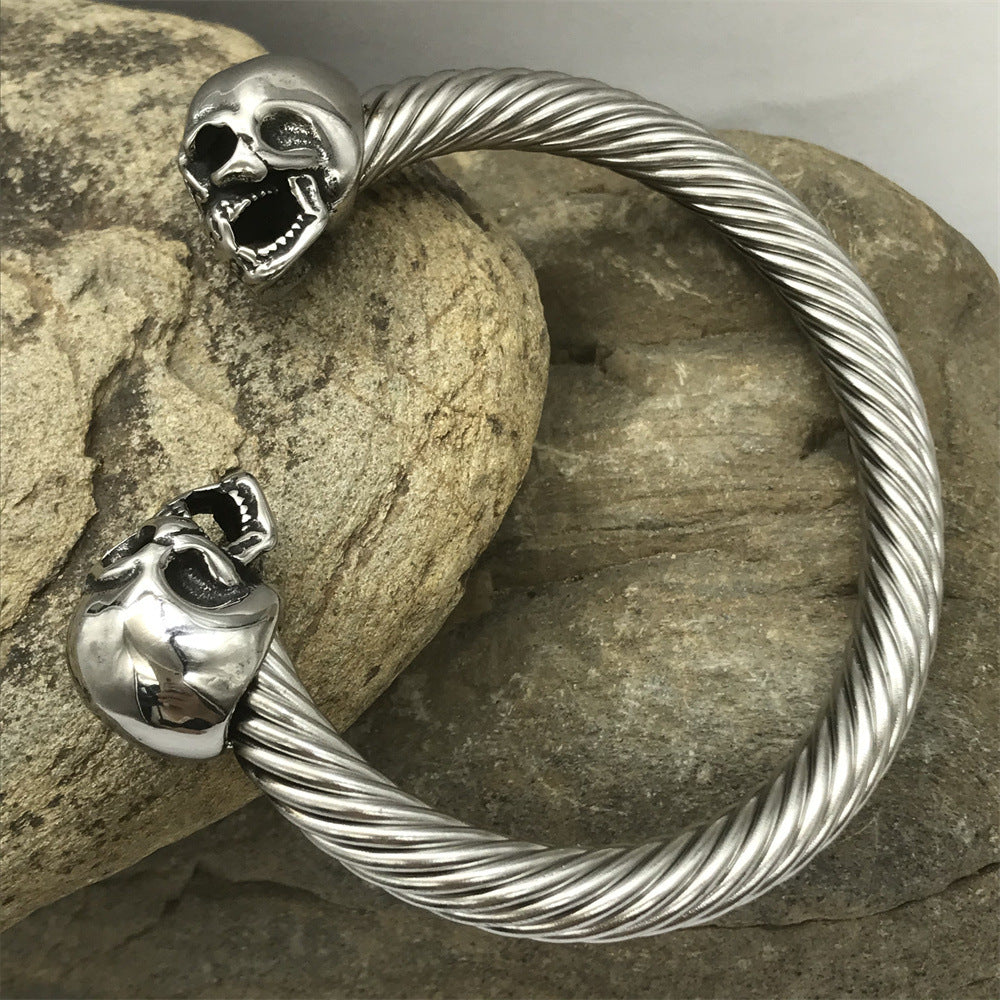 Double Skull Steel Wire Rope Cuff Bracelet