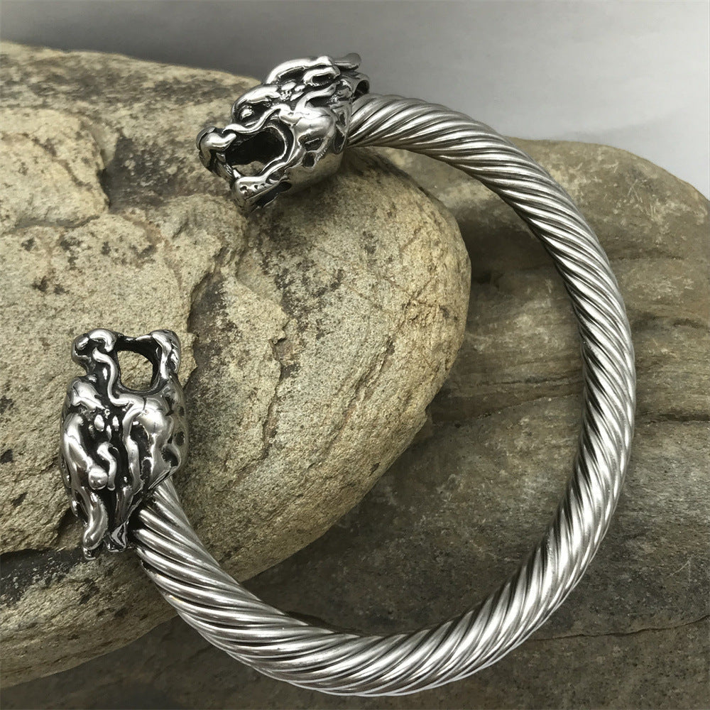 Dragon Heads Steel Wire Rope Cuff Bracelet