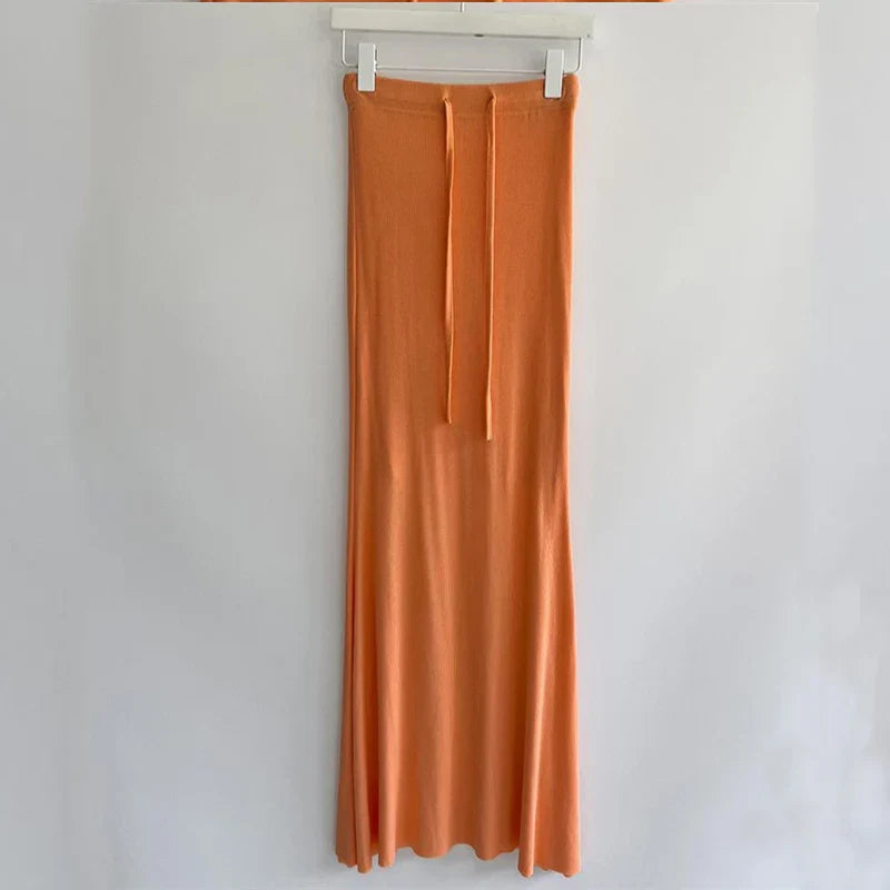 Drawstring Orange Vintage High Waist Maxi Tight Elegant Skirt