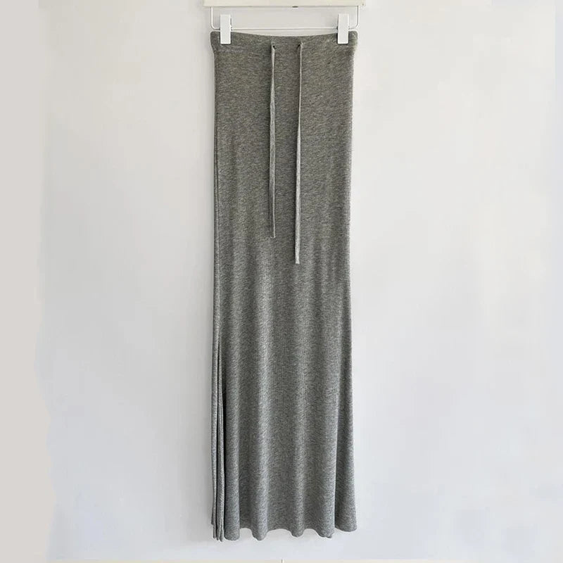 Drawstring Orange Vintage High Waist Maxi Tight Elegant Skirt