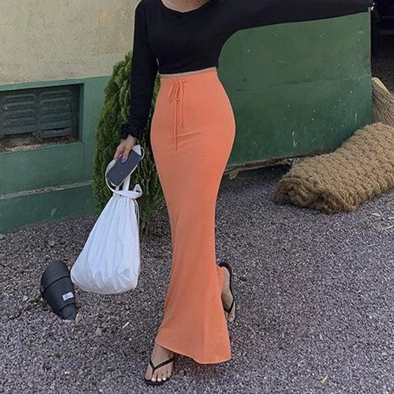 Drawstring Orange Vintage High Waist Maxi Tight Elegant Skirt