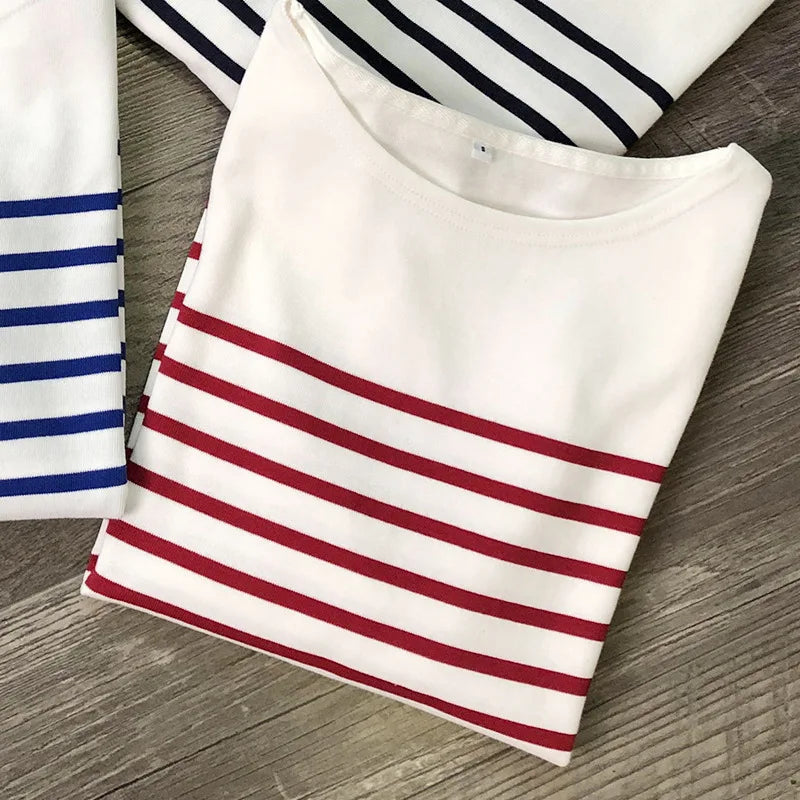 Long Sleeve Striped Combed Cotton T-Shirt for Women