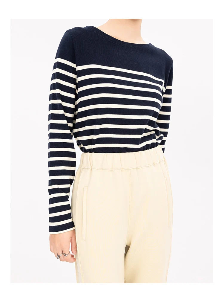 Long Sleeve Striped Combed Cotton T-Shirt for Women