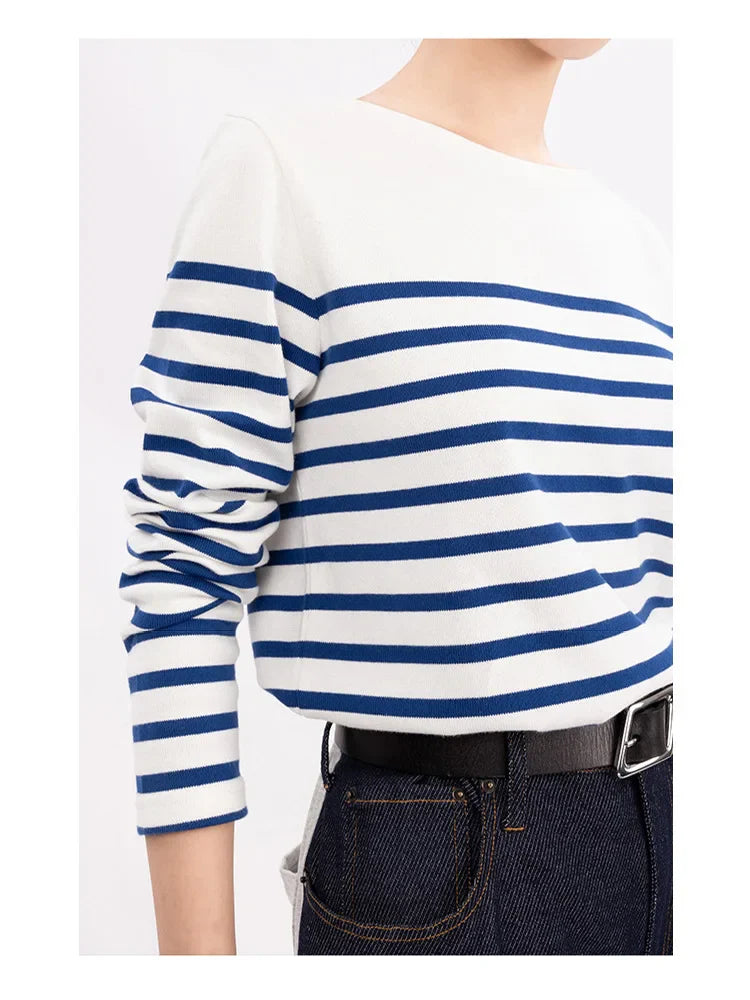 Long Sleeve Striped Combed Cotton T-Shirt for Women