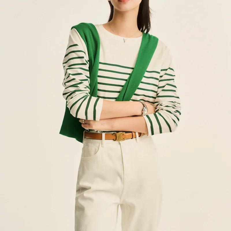 Long Sleeve Striped Combed Cotton T-Shirt for Women