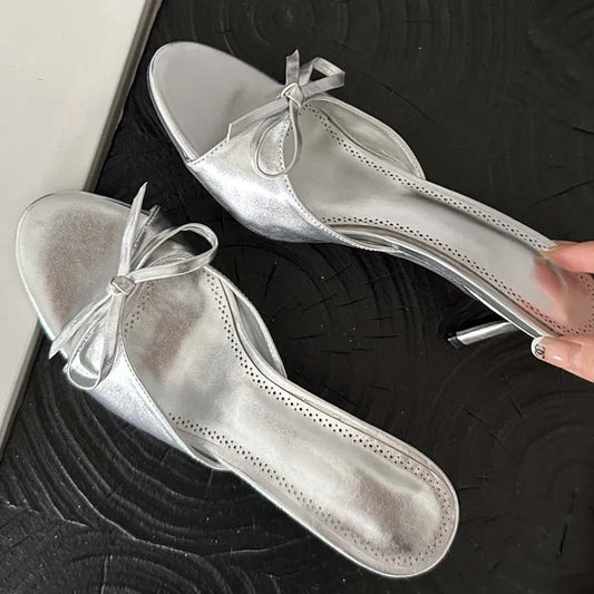 New Arrivals Summer Pink Butterfly-knot Slippers Elegant Stripper Thin Mules Slides Shoes Low Heel Pumps