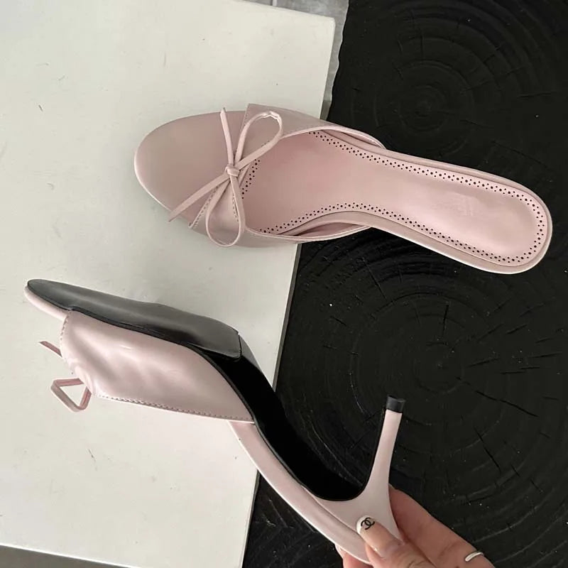 New Arrivals Summer Pink Butterfly-knot Slippers Elegant Stripper Thin Mules Slides Shoes Low Heel Pumps
