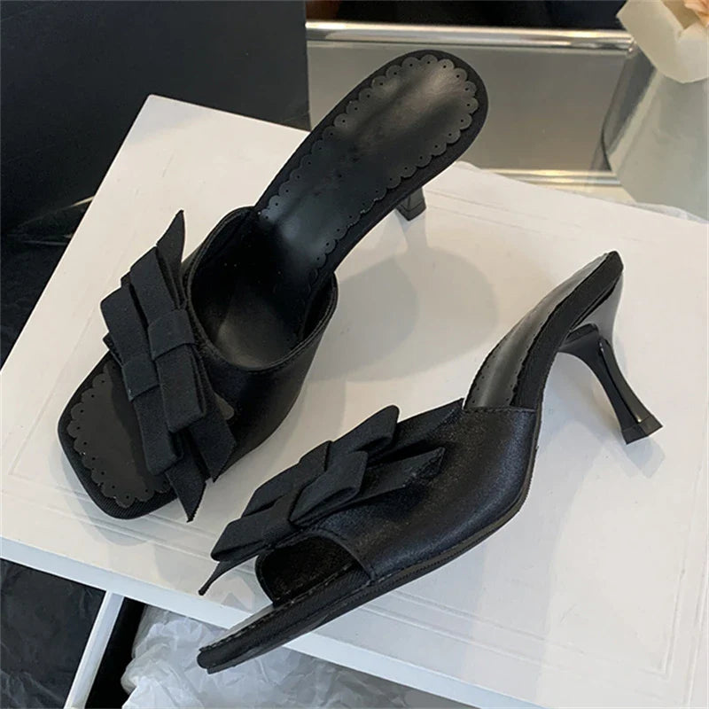 New Arrivals Slipper Fashion Bow-knot Thin Open Toe Slip On Elegant Sandal Mules Slides Shoes Low Heel Pumps