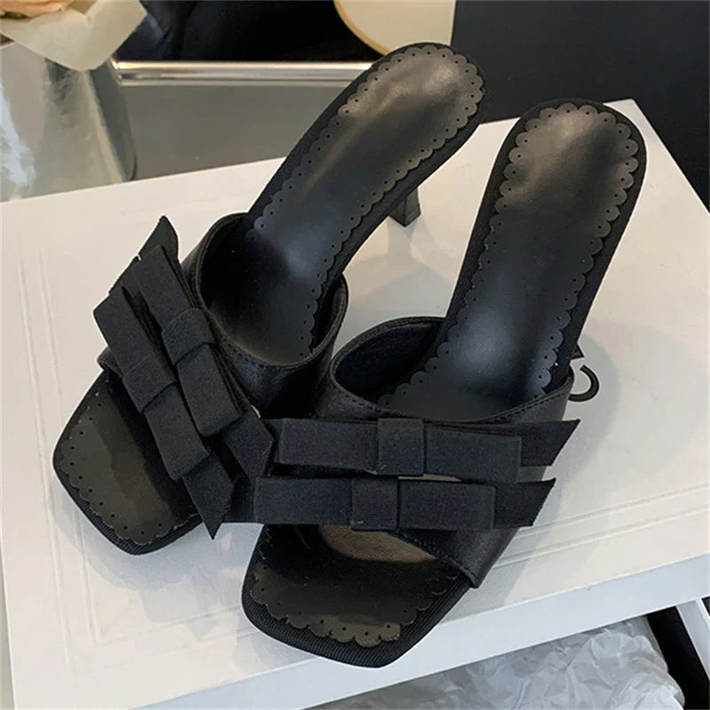New Arrivals Slipper Fashion Bow-knot Thin Open Toe Slip On Elegant Sandal Mules Slides Shoes Low Heel Pumps
