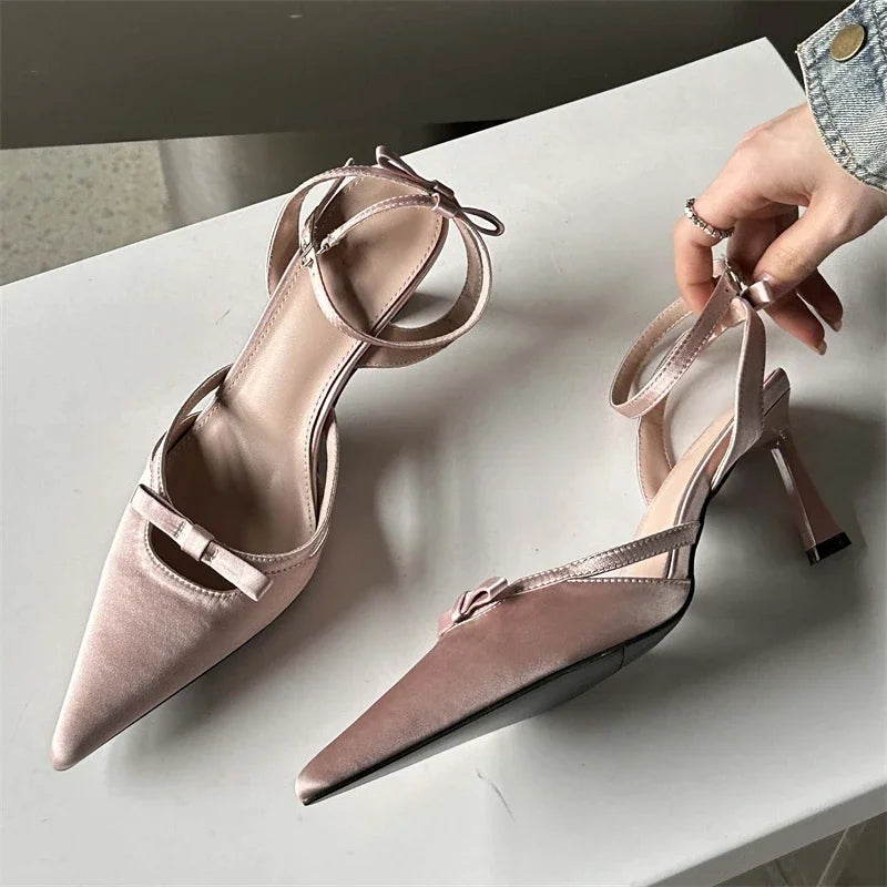 New Design Ankle Buckle Strap Thin Pointed Toe Slingback Mules Shoes Low Heel Pumps