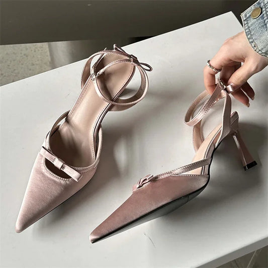 New Design Ankle Buckle Strap Thin Pointed Toe Slingback Mules Shoes Low Heel Pumps
