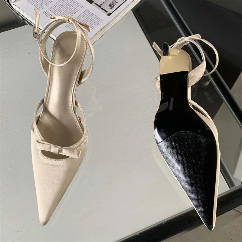 New Design Ankle Buckle Strap Thin Pointed Toe Slingback Mules Shoes Low Heel Pumps