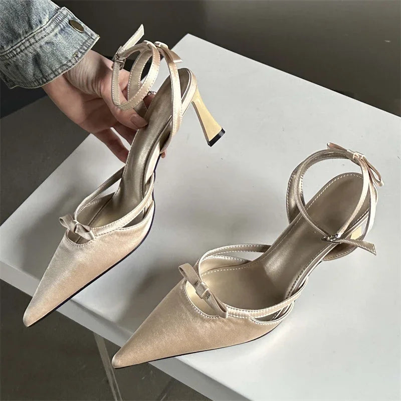 New Design Ankle Buckle Strap Thin Pointed Toe Slingback Mules Shoes Low Heel Pumps