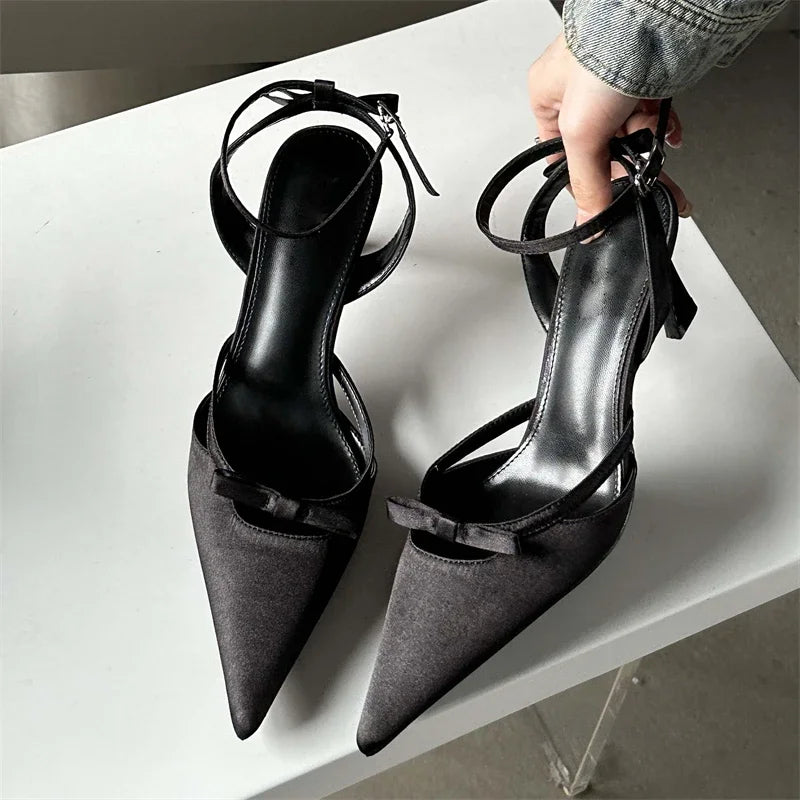 New Design Ankle Buckle Strap Thin Pointed Toe Slingback Mules Shoes Low Heel Pumps