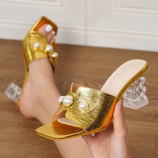 New Design Pearl Transparent Highs Square Toe Slippers Summer Slides Shoes Low Heel Pumps