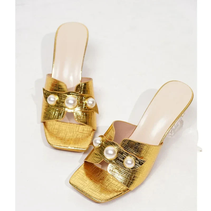 New Design Pearl Transparent Highs Square Toe Slippers Summer Slides Shoes Low Heel Pumps