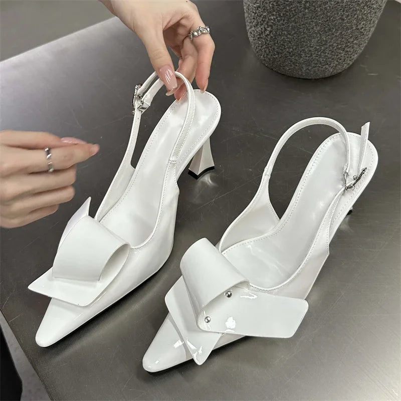New Design Splicing Rivet Buckle Strap Thin High Pointed Toe Stripper Party Shoes Low Heel Pumps