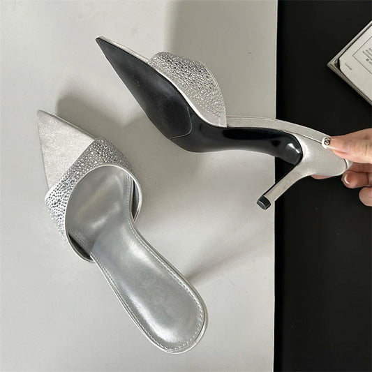 New Summer Silk Slippers Fashion Thin Mules Beach Slides Shoes Low Heel Pumps