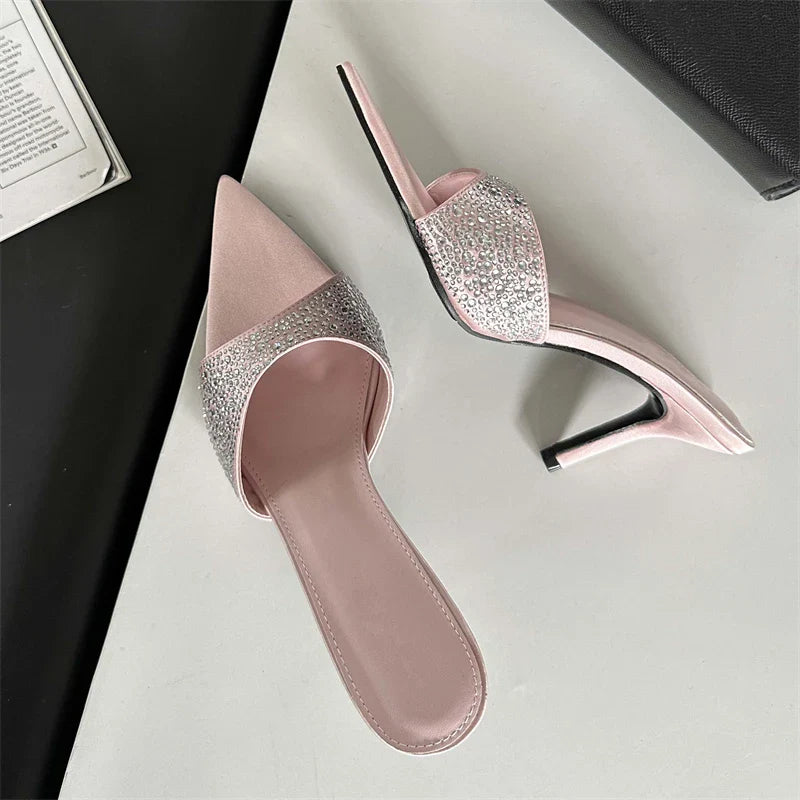 New Summer Silk Slippers Fashion Thin Mules Beach Slides Shoes Low Heel Pumps