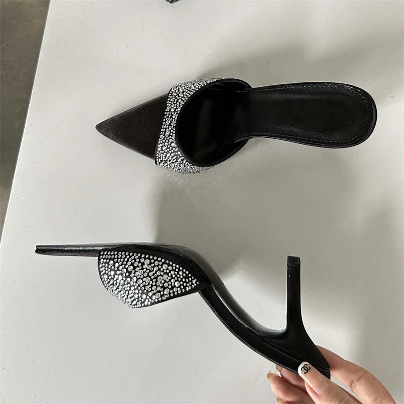 New Summer Silk Slippers Fashion Thin Mules Beach Slides Shoes Low Heel Pumps