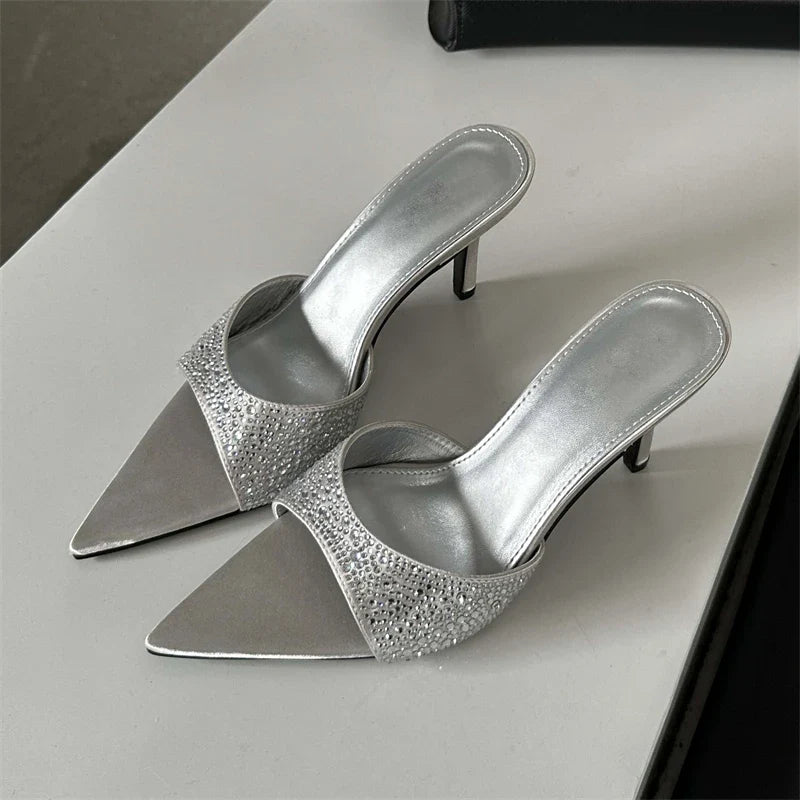 New Summer Silk Slippers Fashion Thin Mules Beach Slides Shoes Low Heel Pumps