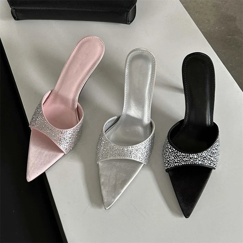 New Summer Silk Slippers Fashion Thin Mules Beach Slides Shoes Low Heel Pumps