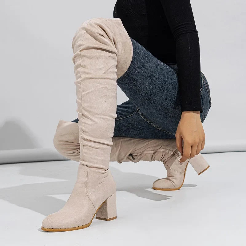 Winter Zipper Flock Square Heel Thigh Long Botas De Mujer Knee High Boots
